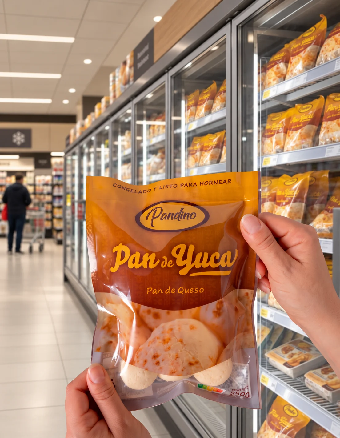 Mano sosteniendo el paquete de Pandino Pan de Yuca de 250 g frente a una nevera de supermercado